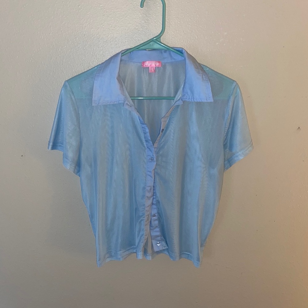 DOLLS KILL SHEER BABY-BLUE BUTTON UP BLOUSE LARGE